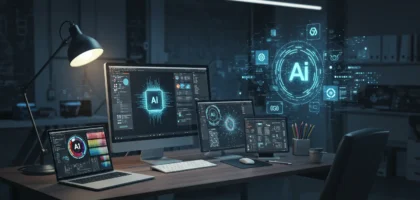Designer graphique utilisant des outils d’intelligence artificielle pour booster sa créativité et sa productivité