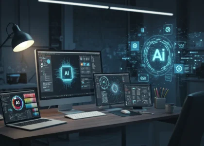 Designer graphique utilisant des outils d’intelligence artificielle pour booster sa créativité et sa productivité